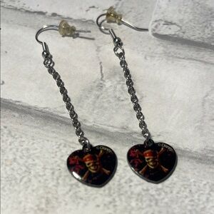 Heart-Shaped Pirate Earrings Disney dead’s man chest dangle silvertone